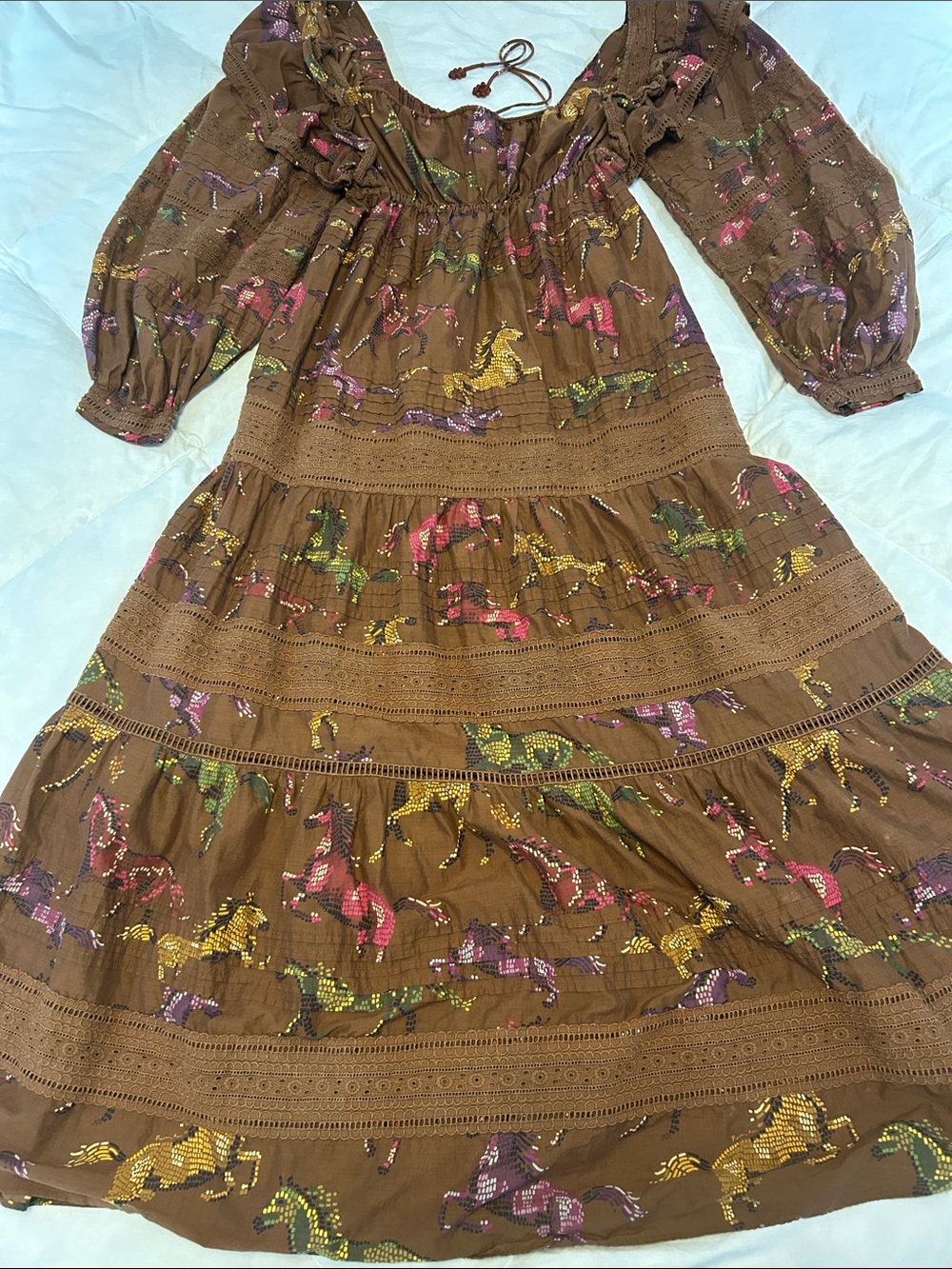 FARM Rio Brown Dotted Horses Ruffled Maxi Dress with Square Neckline. Size S - Picture 3 of 16